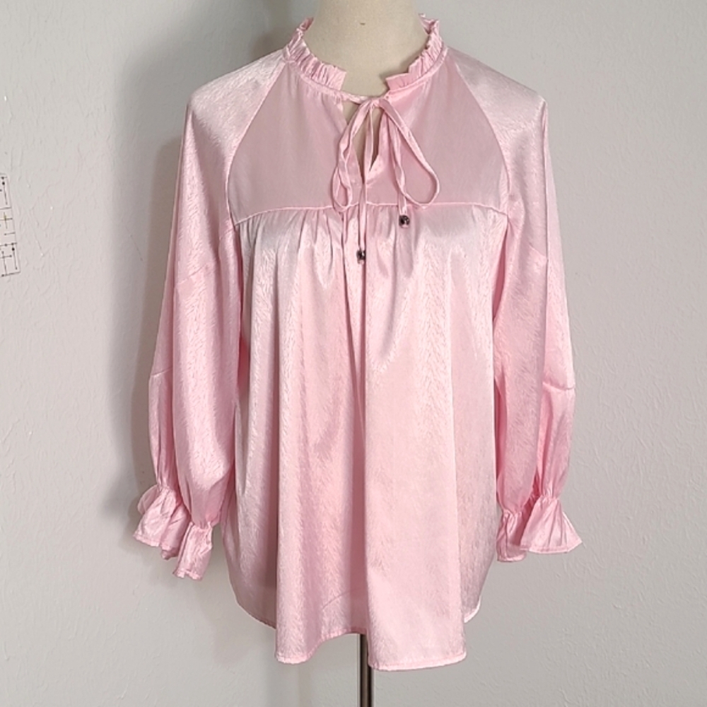 Lida Kate Pink Satin Blouse, Ruffled Standup Collar & a Tie-Neck Design Sz Large